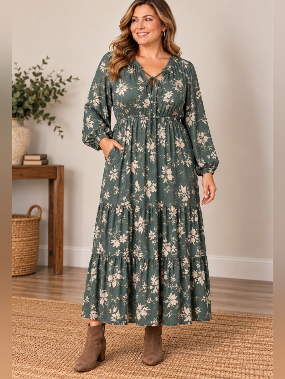 Title: Ava & Viv 2X Green Floral Midi Maxi Dress Tie Neck Boho Long Sleeve A78